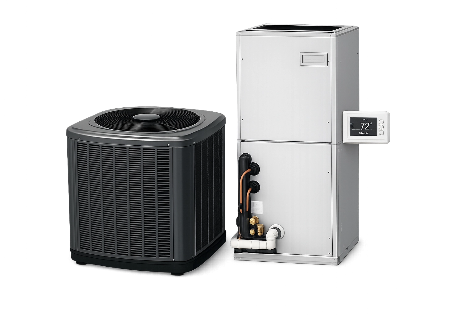 Modern air conditioning unit and indoor HVAC system with digital thermostat.