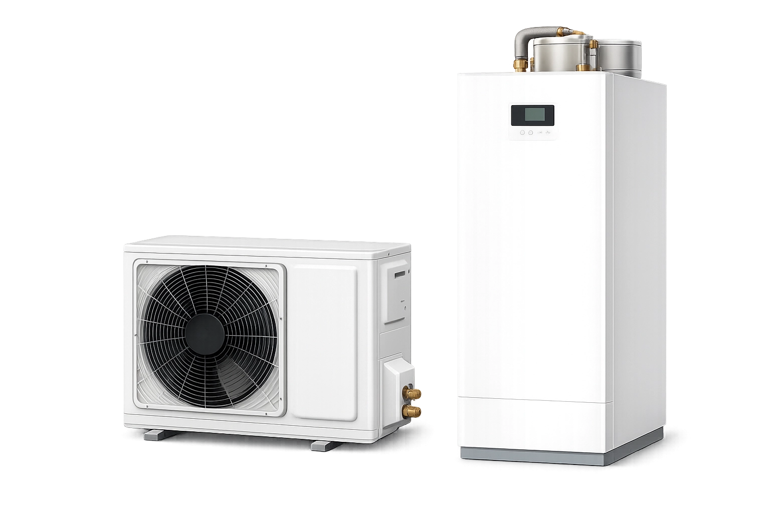 Modern air conditioning unit and heat pump system on a dark background.