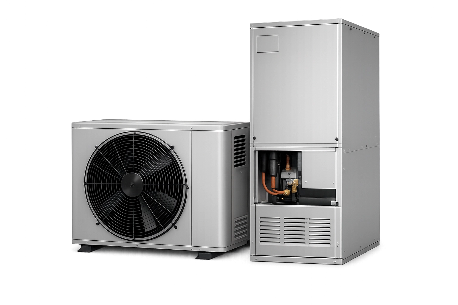 Modern air conditioning unit with external compressor and internal component.