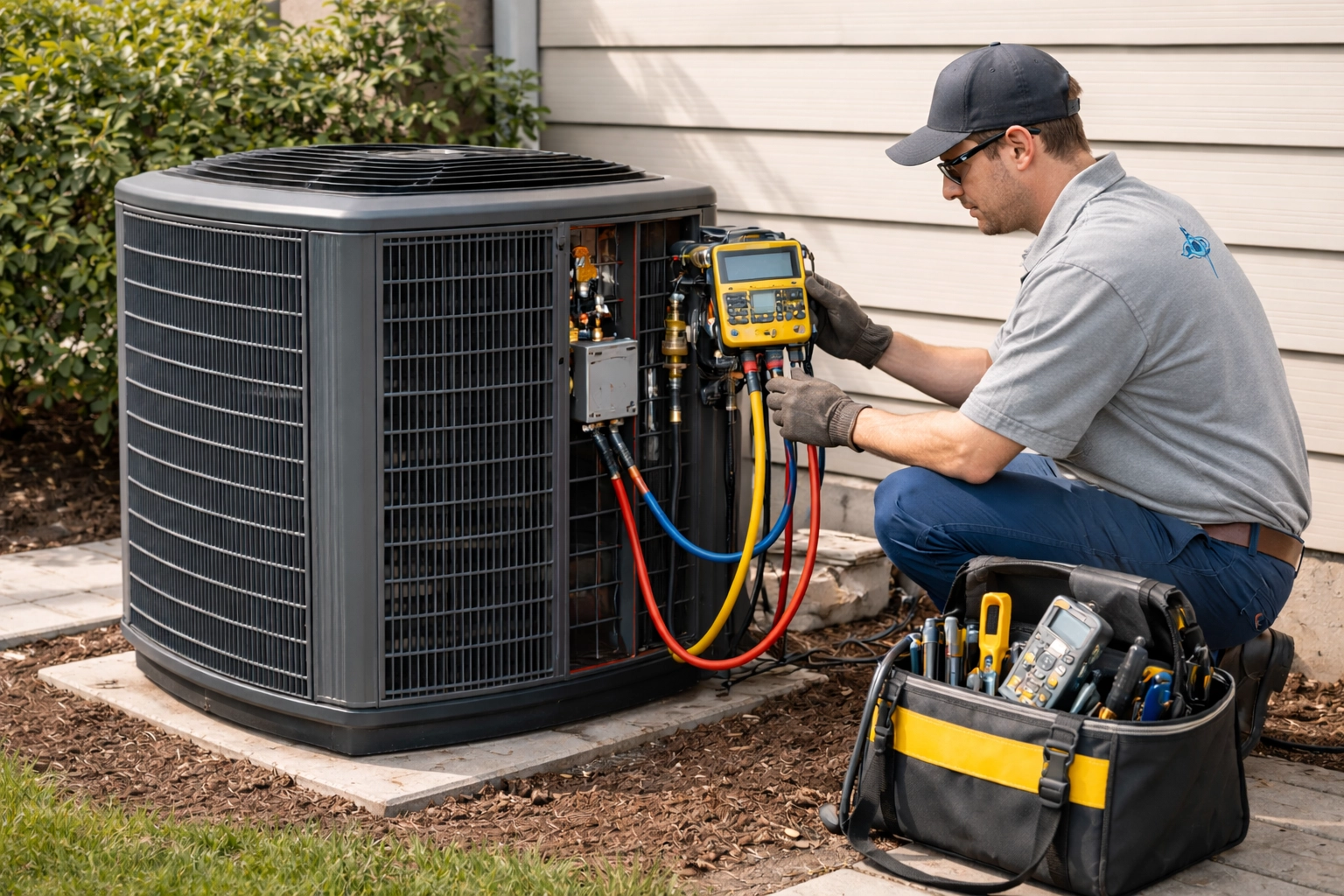 HVAC technician servicing an air conditioning unit outdoors.