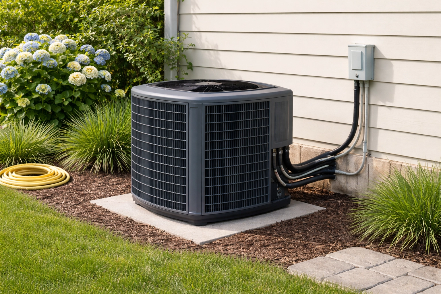 Modern air conditioning unit installed outside a home with lush greenery.
