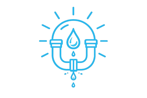Stylized blue plumbing icon with a water drop and pipes.