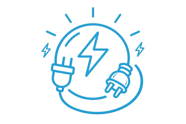 Electricity symbol with plugs and lightning bolt in blue.