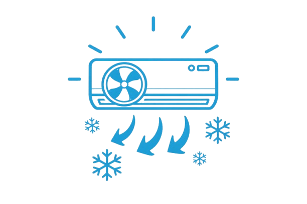 Illustration of an air conditioner with snowflakes and cooling arrows.