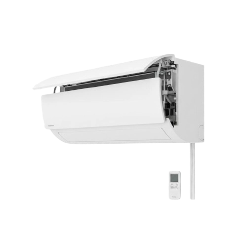 Wall-mounted air conditioner unit with remote control.