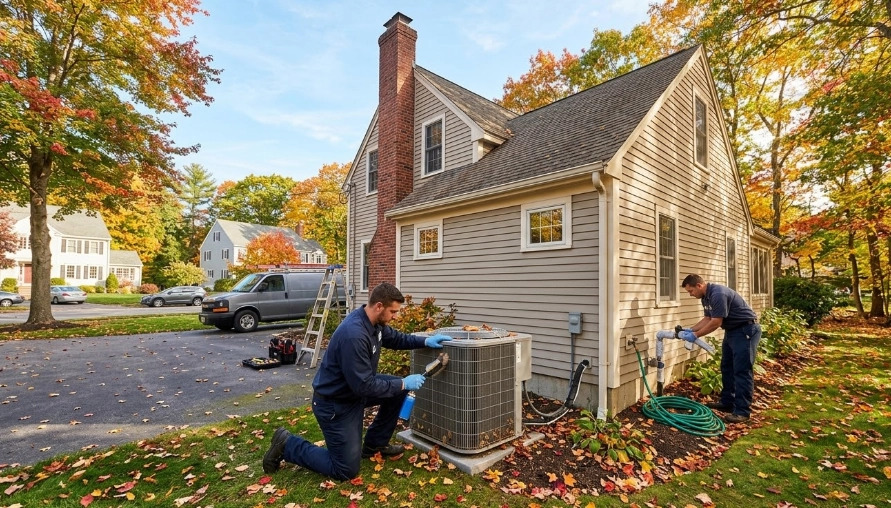 Two technicians servicing an outdoor air conditioning unit beside a house in autumn.