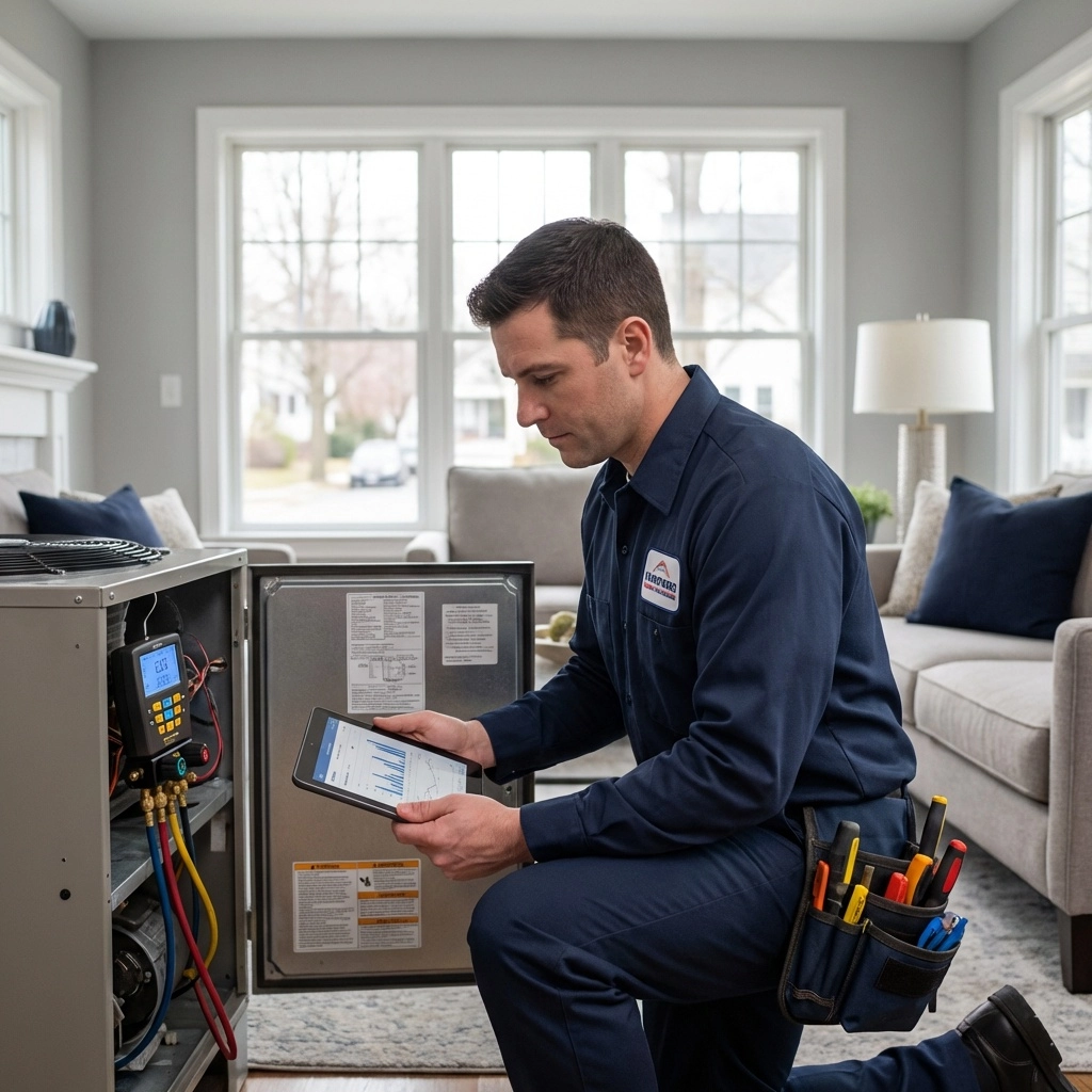 gemini-image-2_A_professional_HVAC_technician_performing_air_conditioning_repair_inside_a_moder-0 HVAC technician inspecting air conditioning unit with tablet in a modern living room.