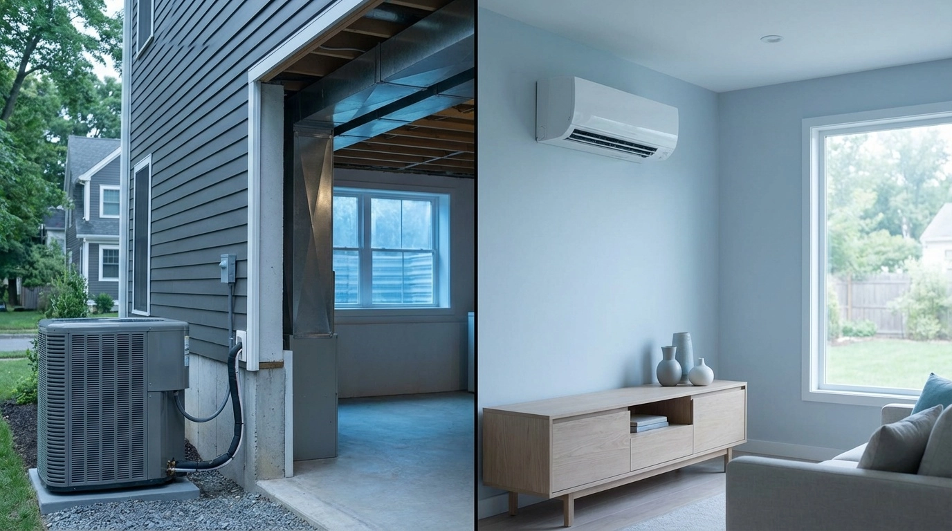 Modern HVAC system outside a home next to a cozy living room interior.
