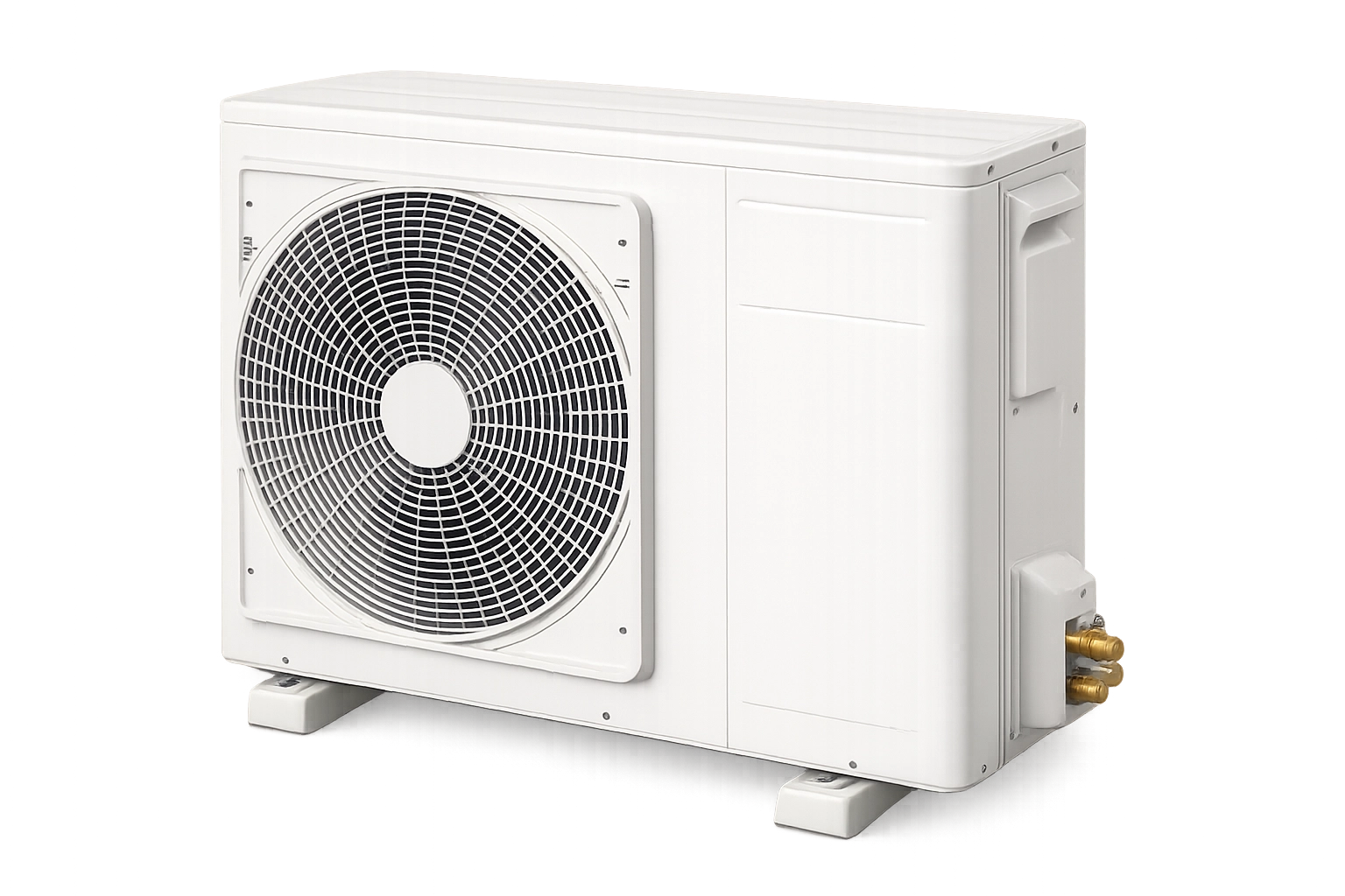White outdoor air conditioning unit with a large fan and copper pipes.