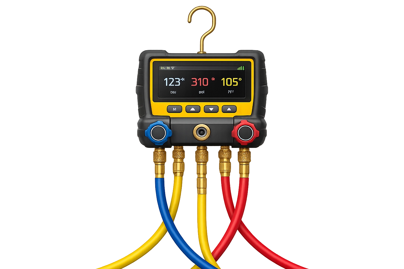Digital HVAC manifold gauge with color-coded hoses for pressure measurement.
