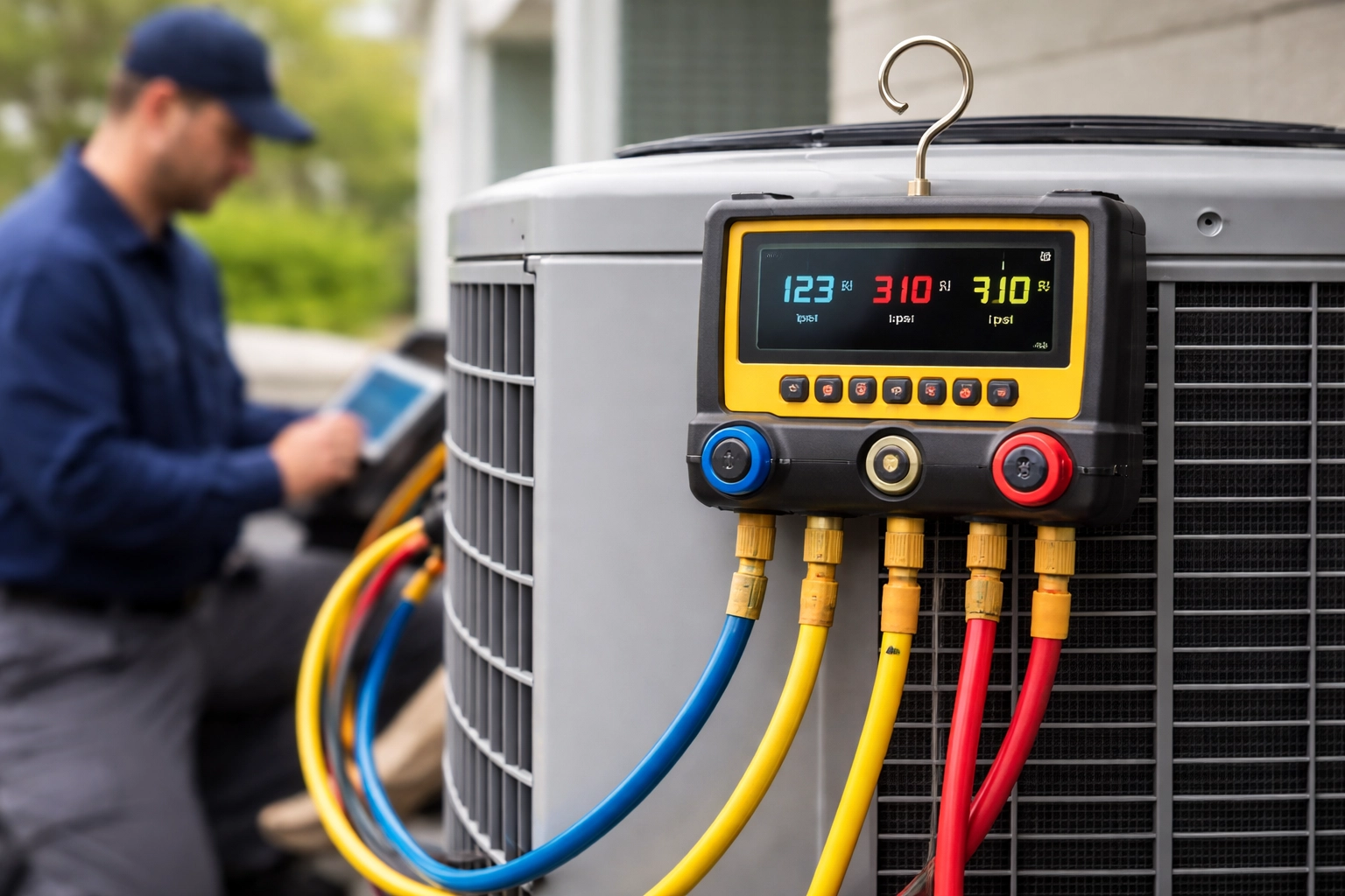 Digital manifold gauge on an air conditioning unit with technician in background.
