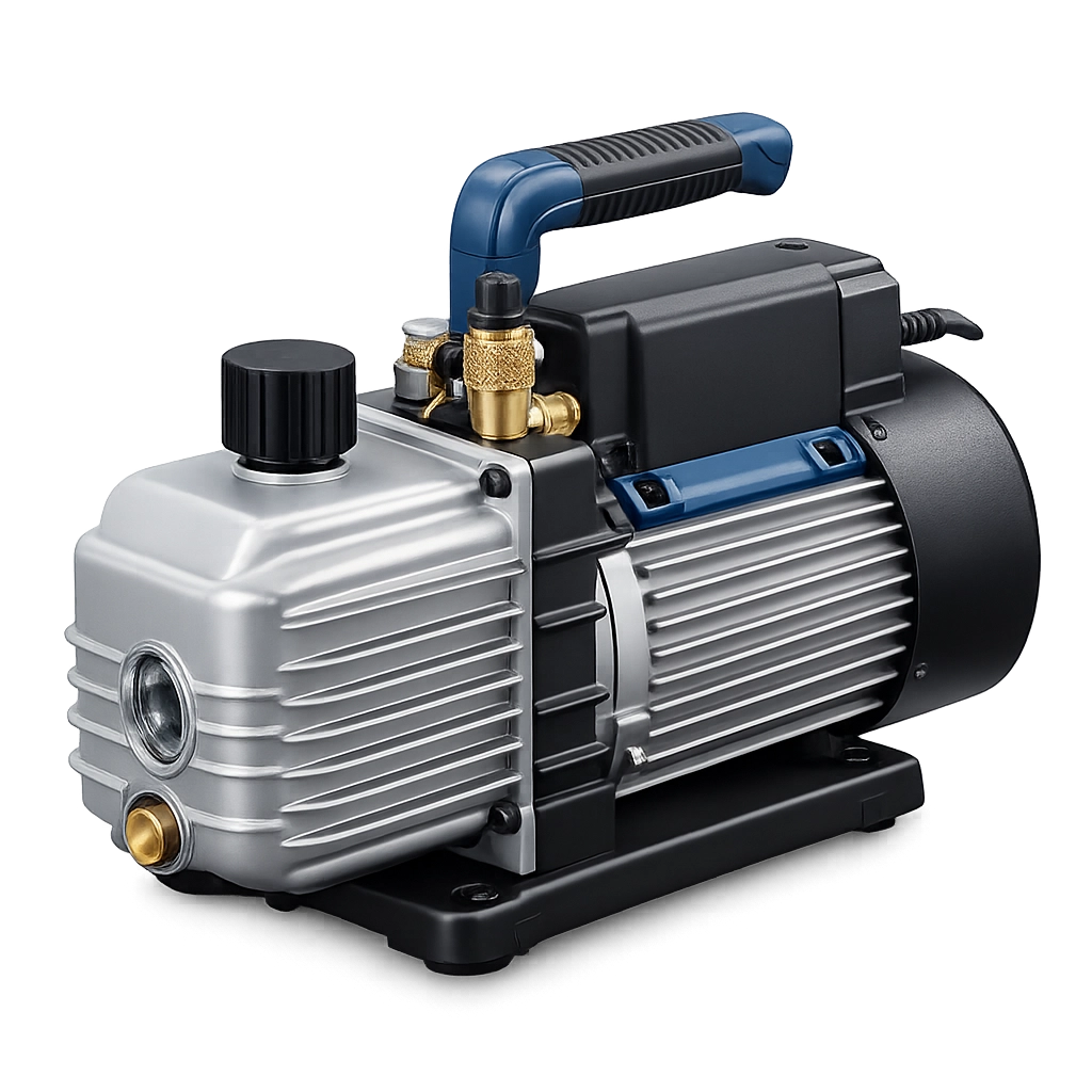 Compact electric vacuum pump with metal casing and blue handle. Compact electric vacuum pump with metal casing and blue handle.