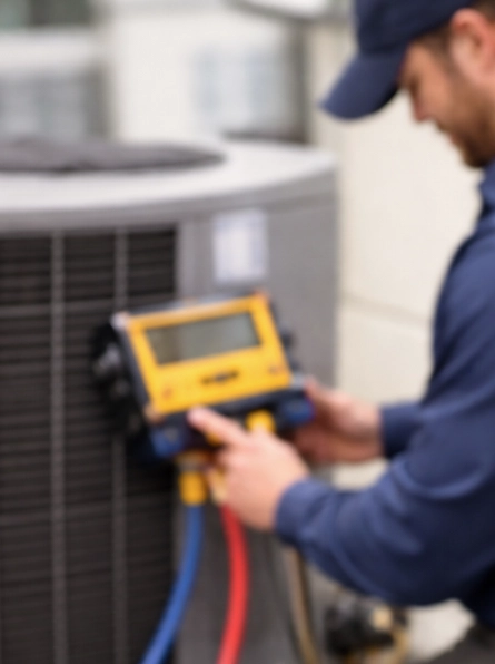 HVAC technician using a digital gauge on an air conditioning unit. HVAC technician using a digital gauge on an air conditioning unit.
