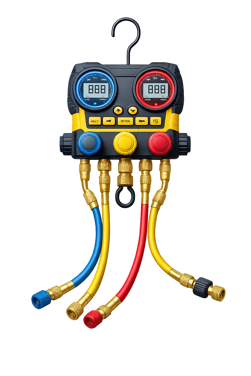 Digital HVAC manifold gauge with color-coded hoses for refrigerant measurement.
