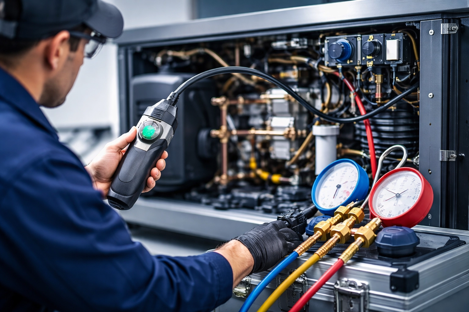 Technician using pressure gauges on HVAC system for maintenance. Technician using pressure gauges on HVAC system for maintenance.