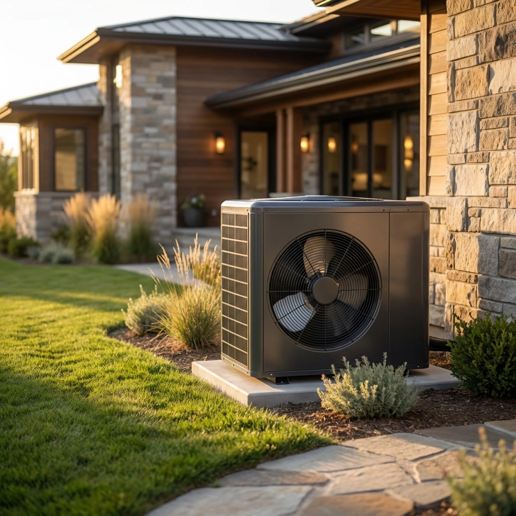 Modern outdoor air conditioning unit beside a stylish home.
