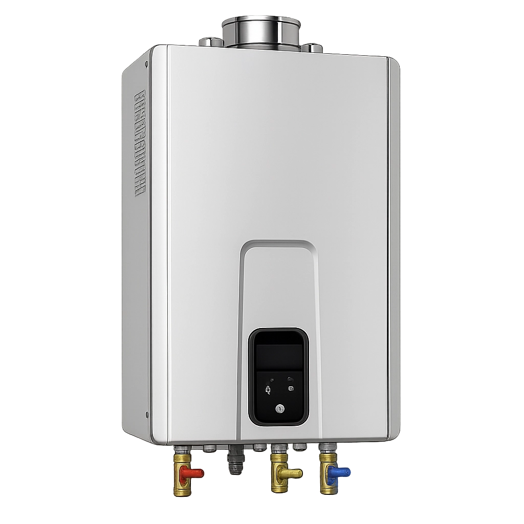 Modern tankless water heater with digital control panel and plumbing connections.