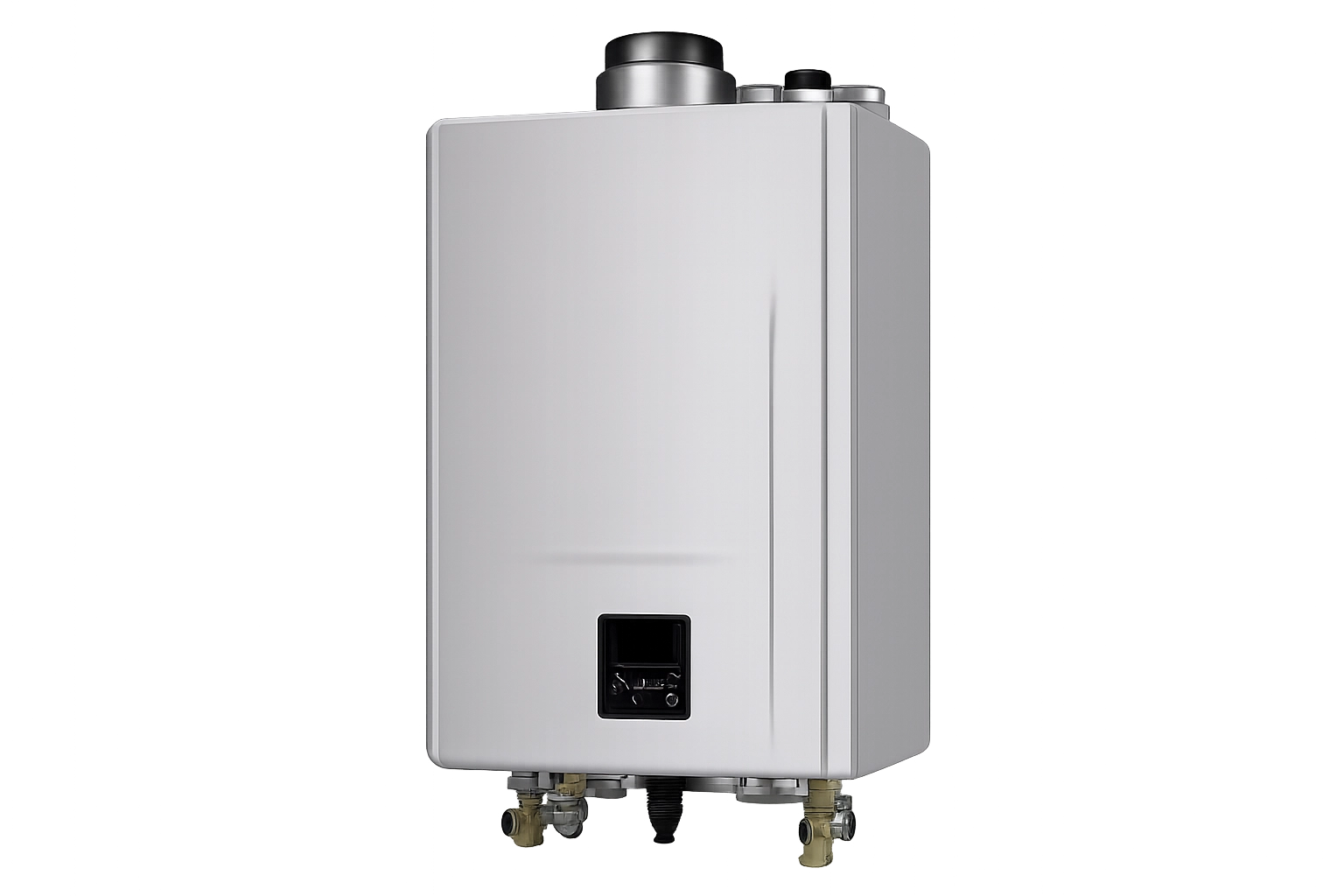 Modern tankless water heater with sleek design and connection valves.