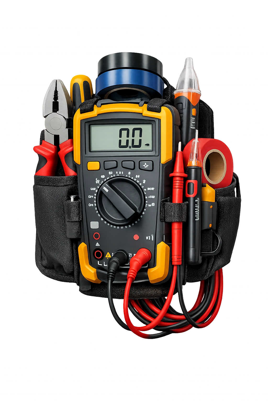 Digital multimeter with tools in a tool belt, including pliers, screwdriver, and electrical tape. Digital multimeter with tools in a tool belt, including pliers, screwdriver, and electrical tape.