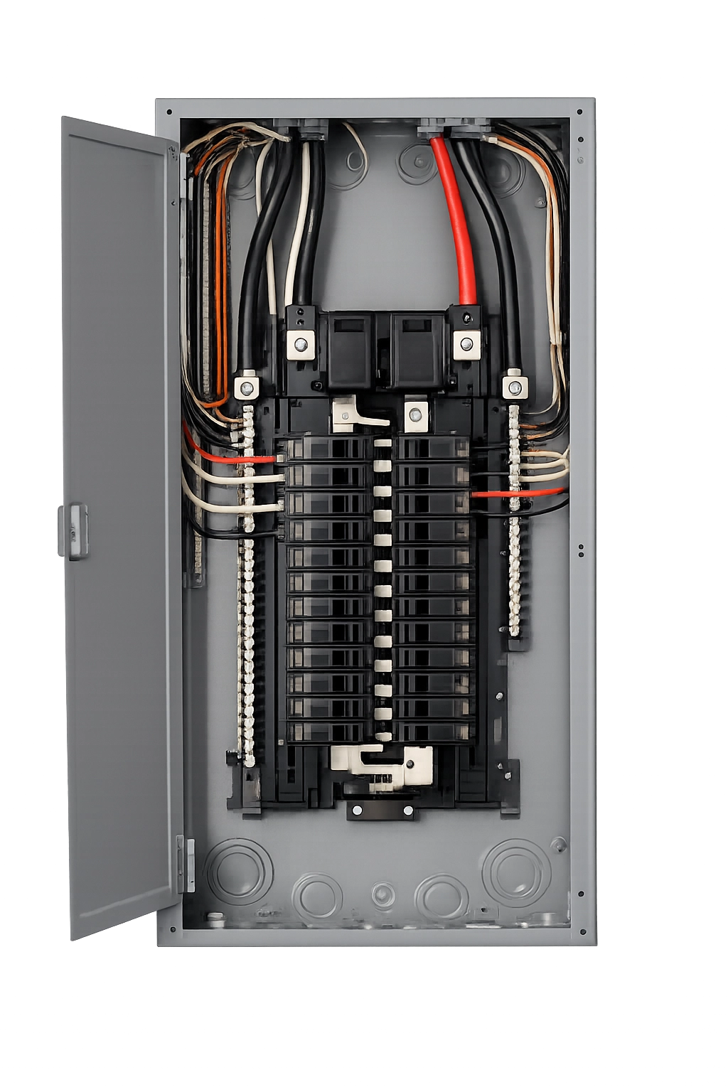 Open electrical panel displaying circuit breakers and wiring. Open electrical panel displaying circuit breakers and wiring.