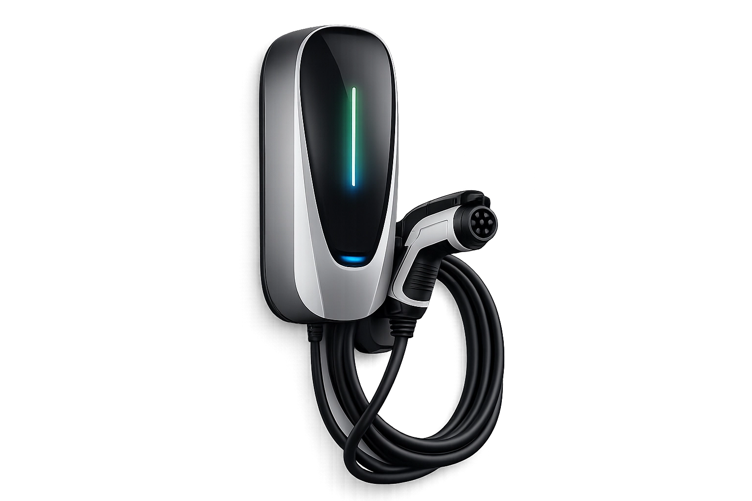 Sleek electric vehicle charging station mounted on a wall with a connected charging cable. Sleek electric vehicle charging station mounted on a wall with a connected charging cable.