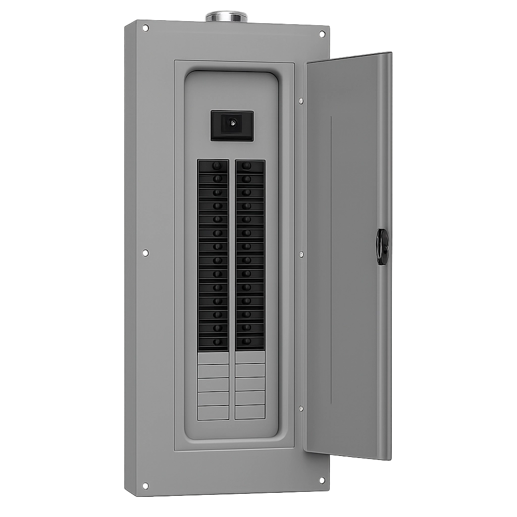 Gray electrical panel with a door open, displaying circuit breakers. Gray electrical panel with a door open, displaying circuit breakers.