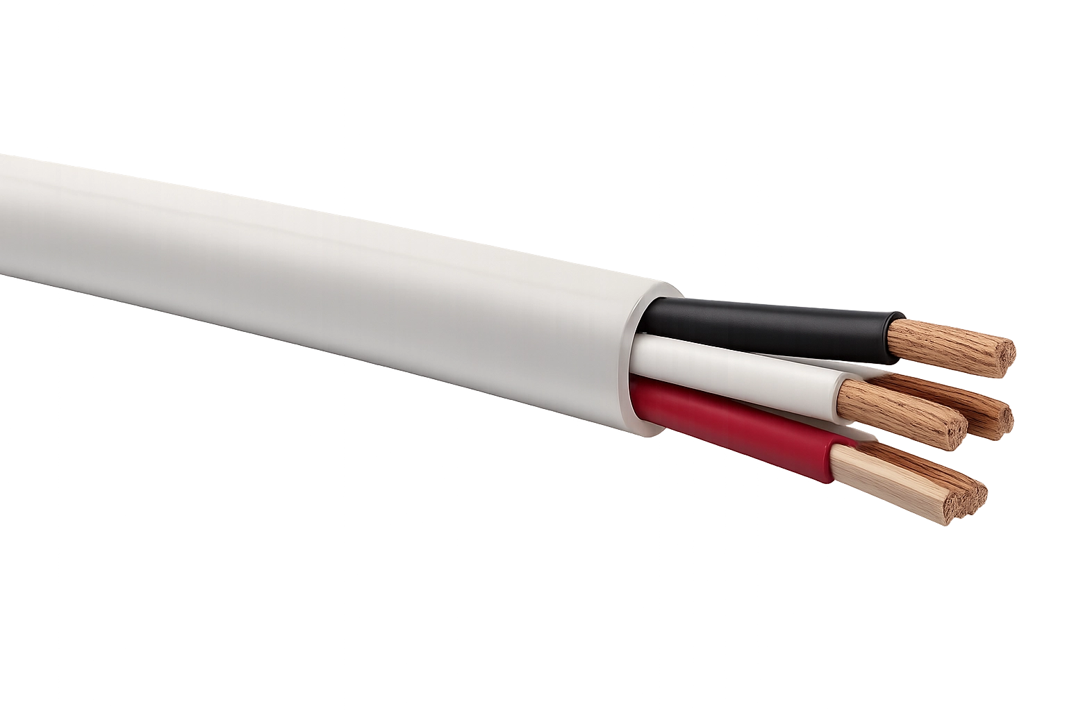Close-up of electrical wire with white insulation and three colored wires: black, red, and white. Close-up of electrical wire with white insulation and three colored wires: black, red, and white.