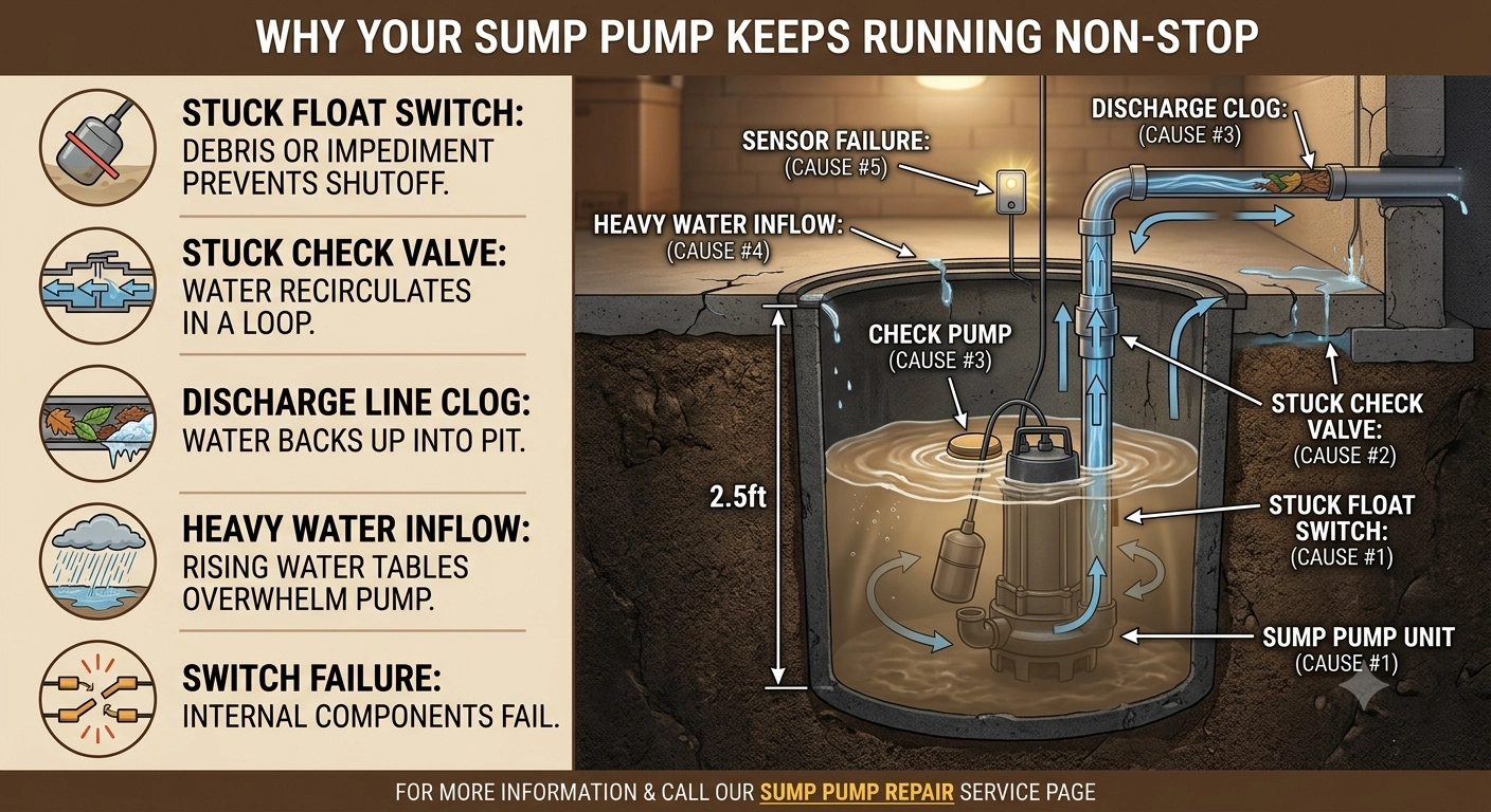 Infographic explaining reasons for a sump pump running non-stop with labeled components.