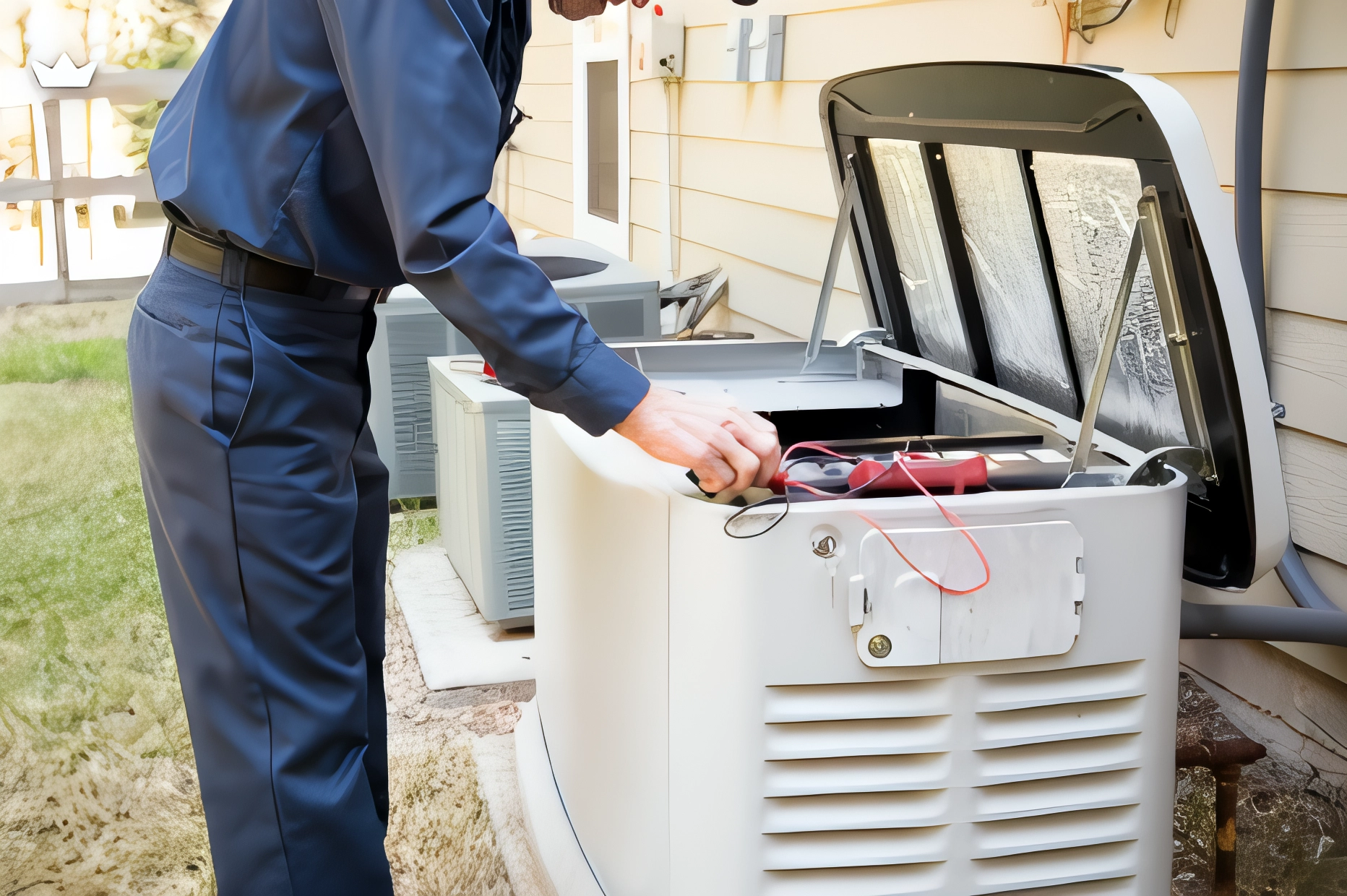 generator-installation Technician installing a generator outside a home.