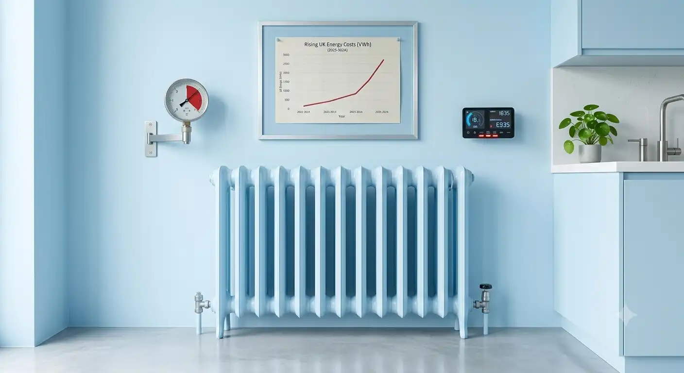 heater-1 Light blue wall with a vintage radiator, energy cost chart, and modern thermostat in a kitchen setting.