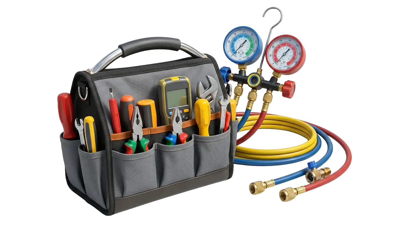 heating-airconditioning Tool bag with various tools and pressure gauges for HVAC work.