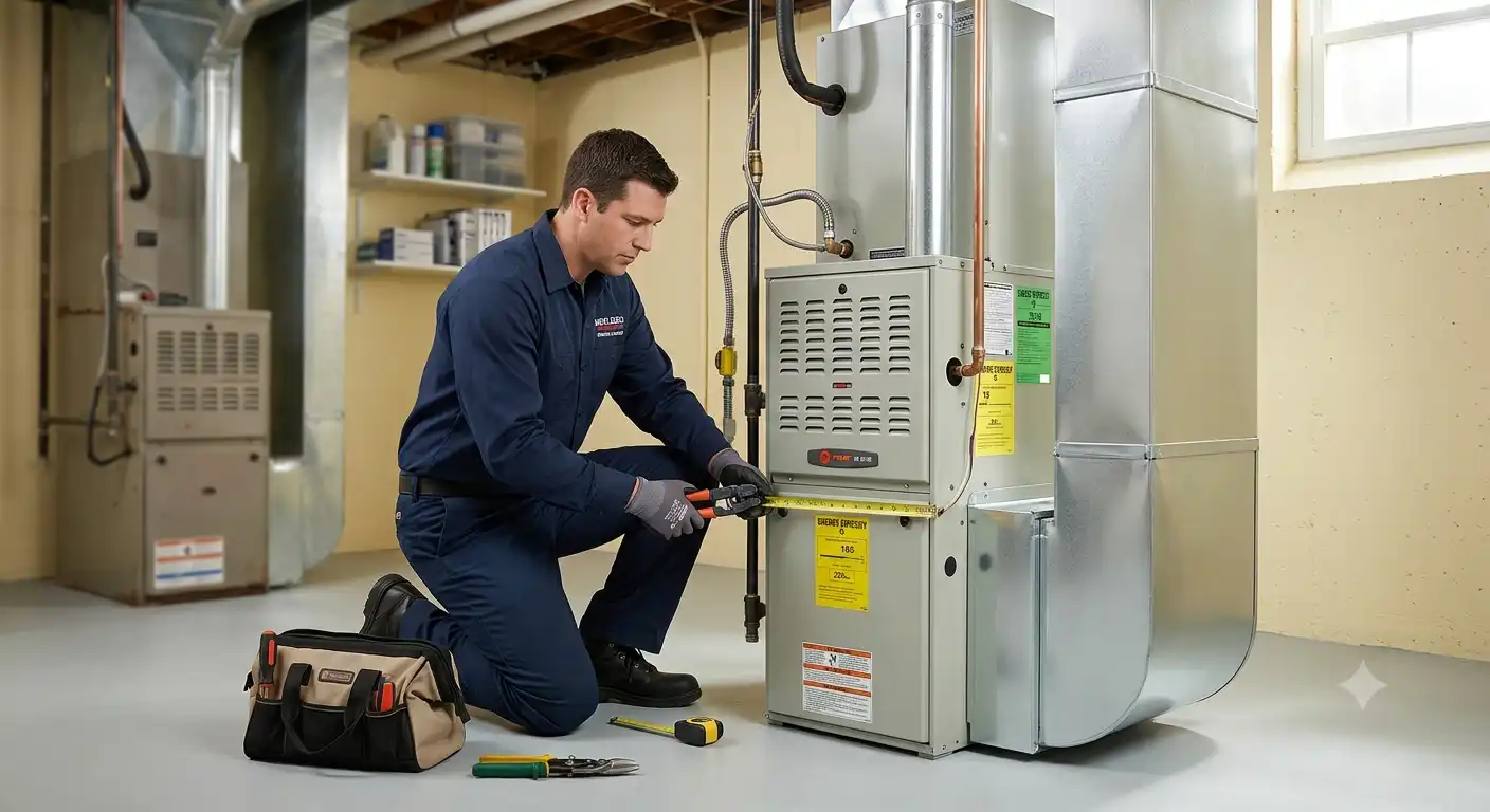 HVAC technician servicing a furnace in a basement.