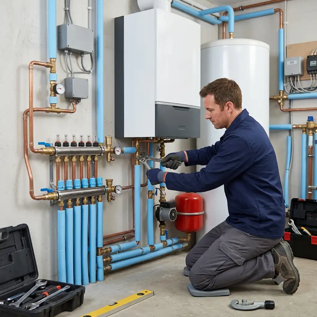 heating-installation Plumber installing pipes and fittings in a modern utility room.