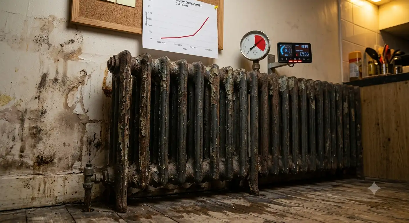 Digital manifold gauge on an air conditioning unit with technician in background.