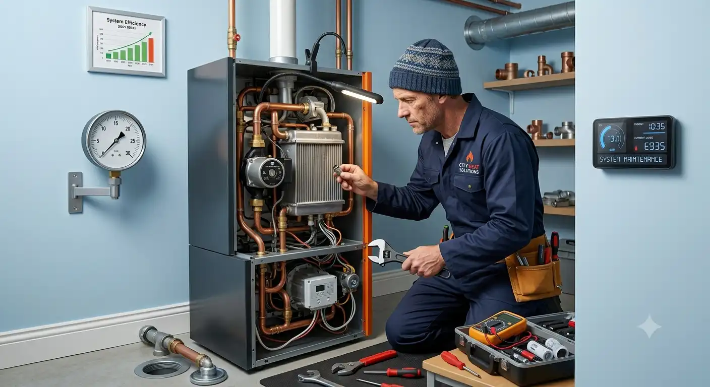 repairman HVAC technician inspecting a residential heating system with tools and equipment.