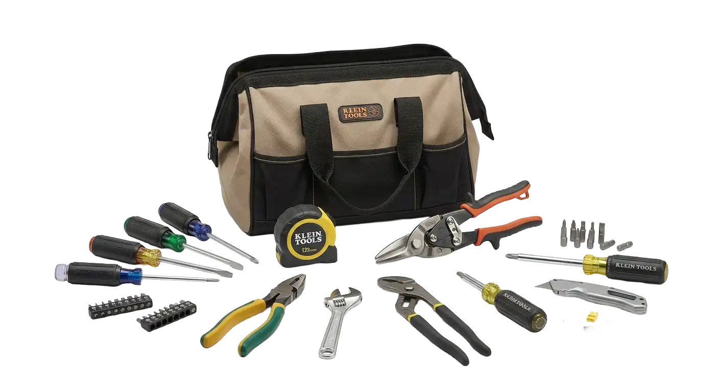 techniciantools Klein Tools tool bag with various hand tools including pliers, screwdrivers, and a tape measure.
