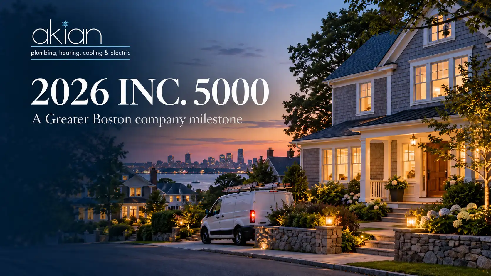 Comfortable-Home Beautiful home in Greater Boston at dusk celebrating Akiam's 2026 INC. 5000 milestone.
