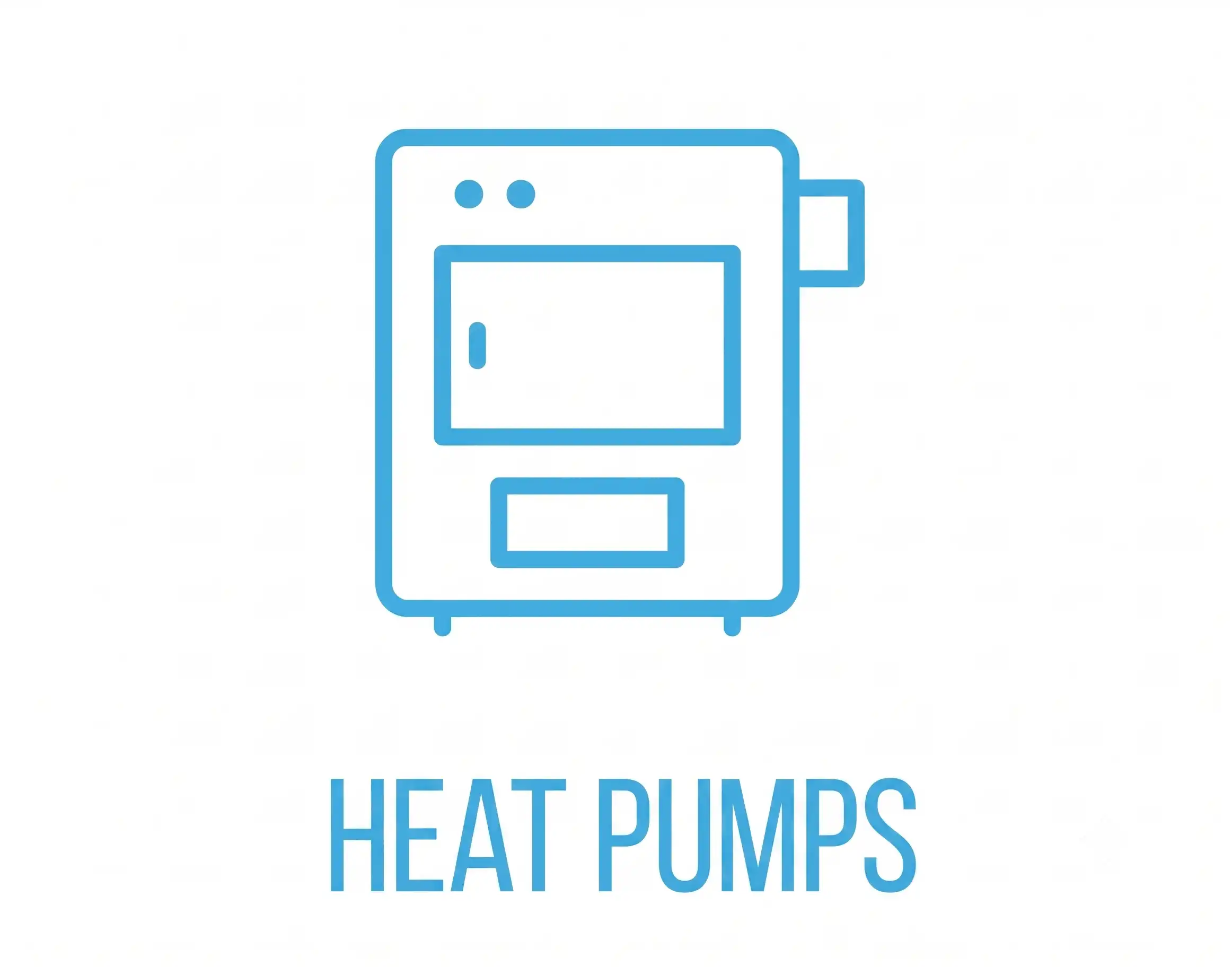 Stylized graphic of a heat pump with the text 'HEAT PUMPS' below.