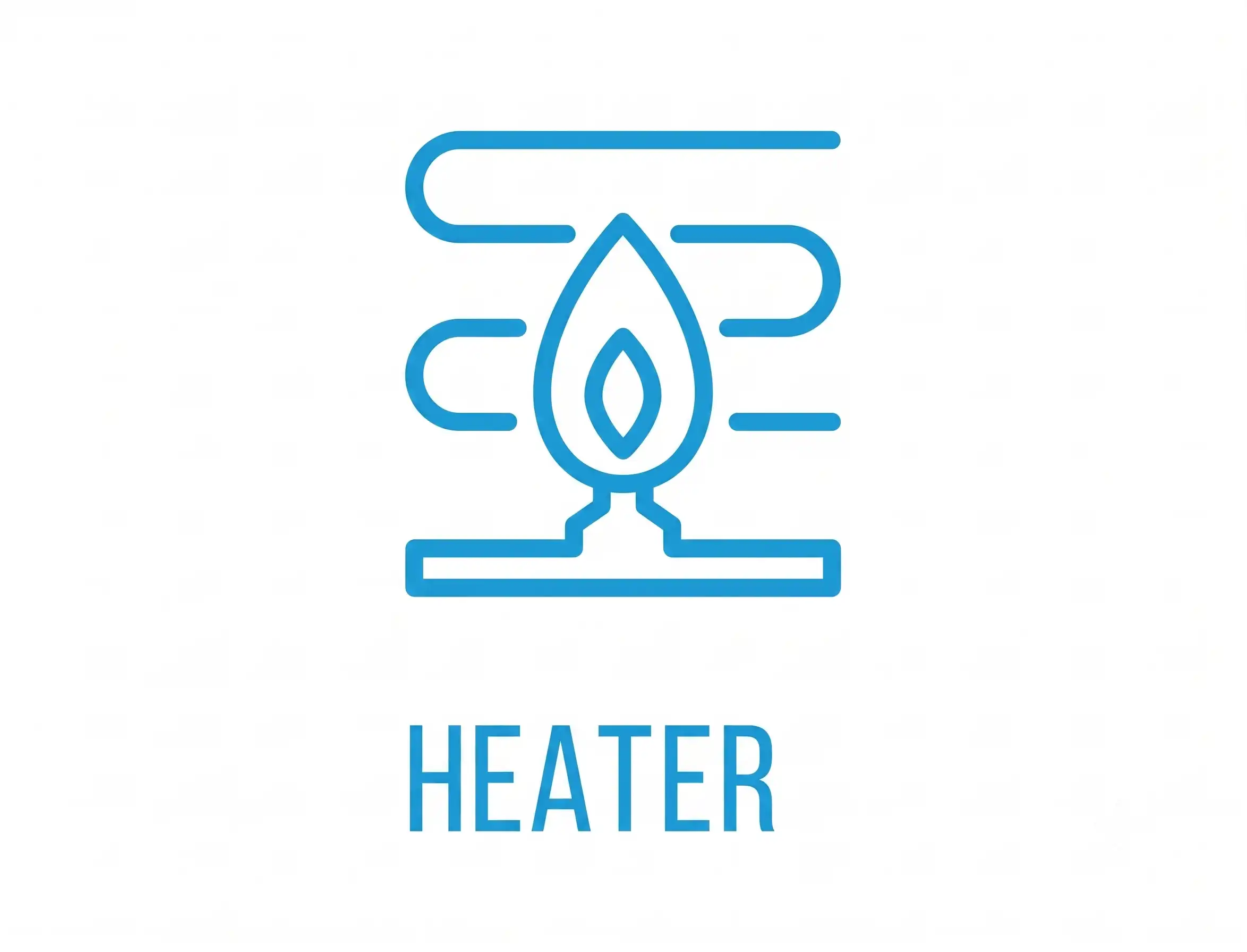 Stylized blue heater icon with flame and airflow symbols