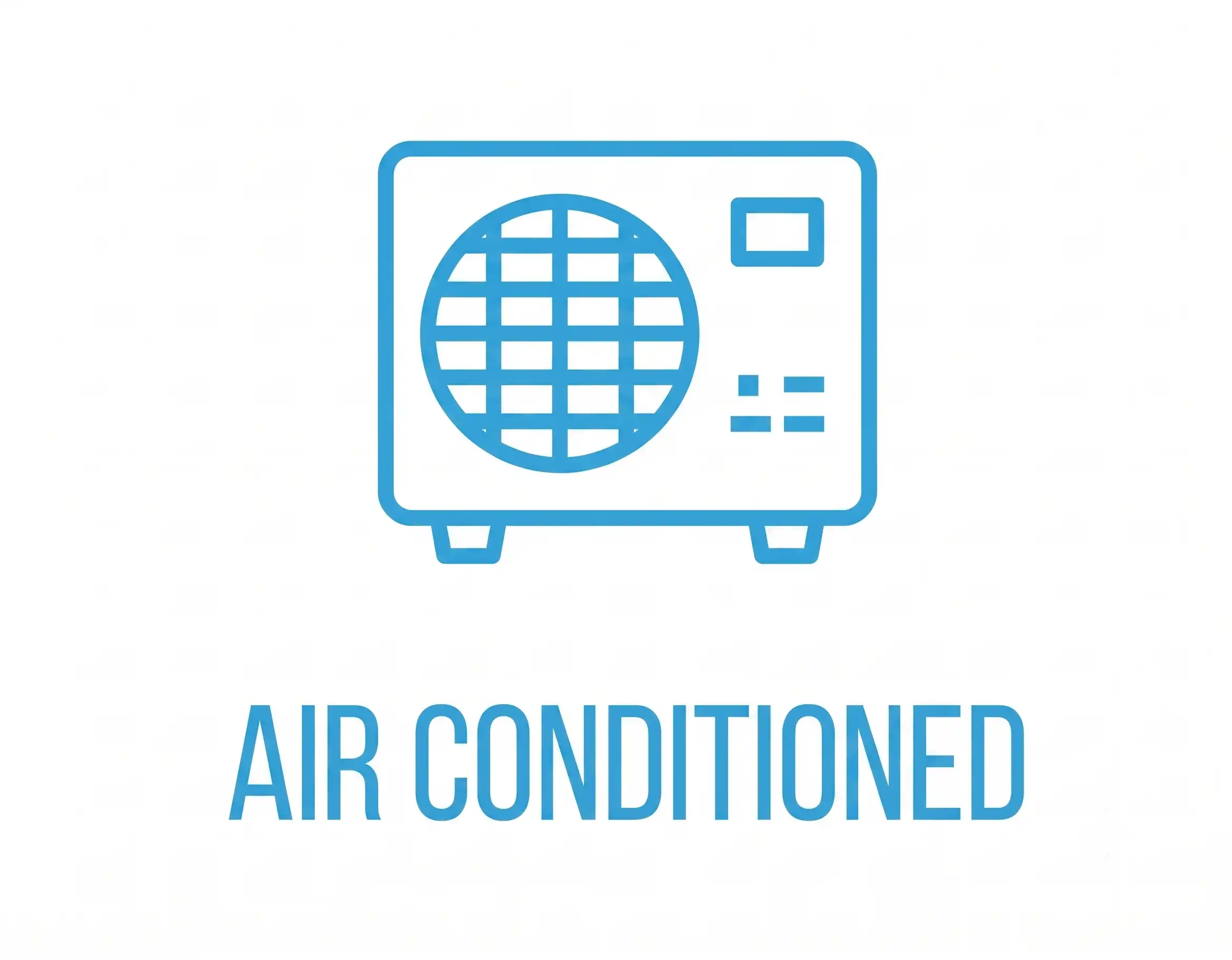 Blue outline of an air conditioning unit with text 'AIR CONDITIONED' below.